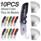 10-Pack Heavy Duty Folding Box Cutter Set with 30 Replacement Blades, Professional Utility Razor Knife (Pro)