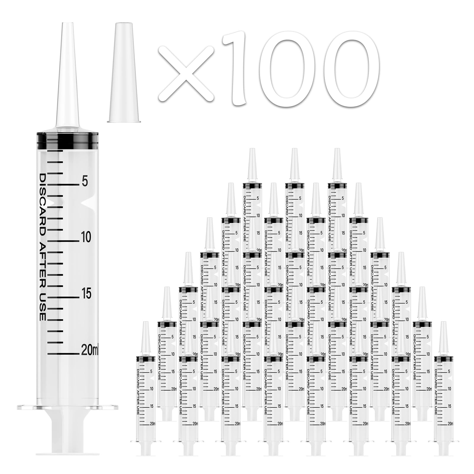 JOLLY PARTY 100 Pack 20mL Syringes, Plastic Syringes with Catheter Tip and Cap, Individually Sealed Feeding Syringe For Dogs, Measuring Syringe For Liquid, Scientific Labs, Refilling, Dispensing