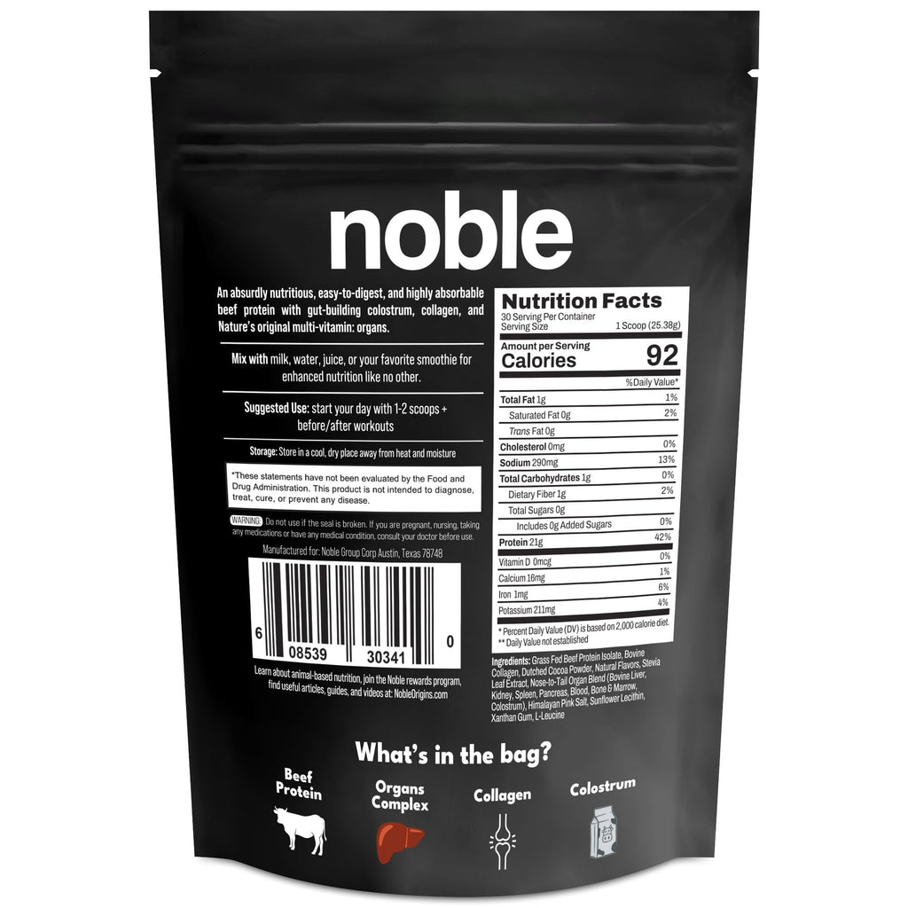 Noble All-in-One Chocolate Protein Powder, 21g Grass-Fed Beef Protein & Collagen, Colostrum & Organ Blend, Whey-Free, Seed Oil-Free, Zero-Carb, 30 Servings (1.75lbs)