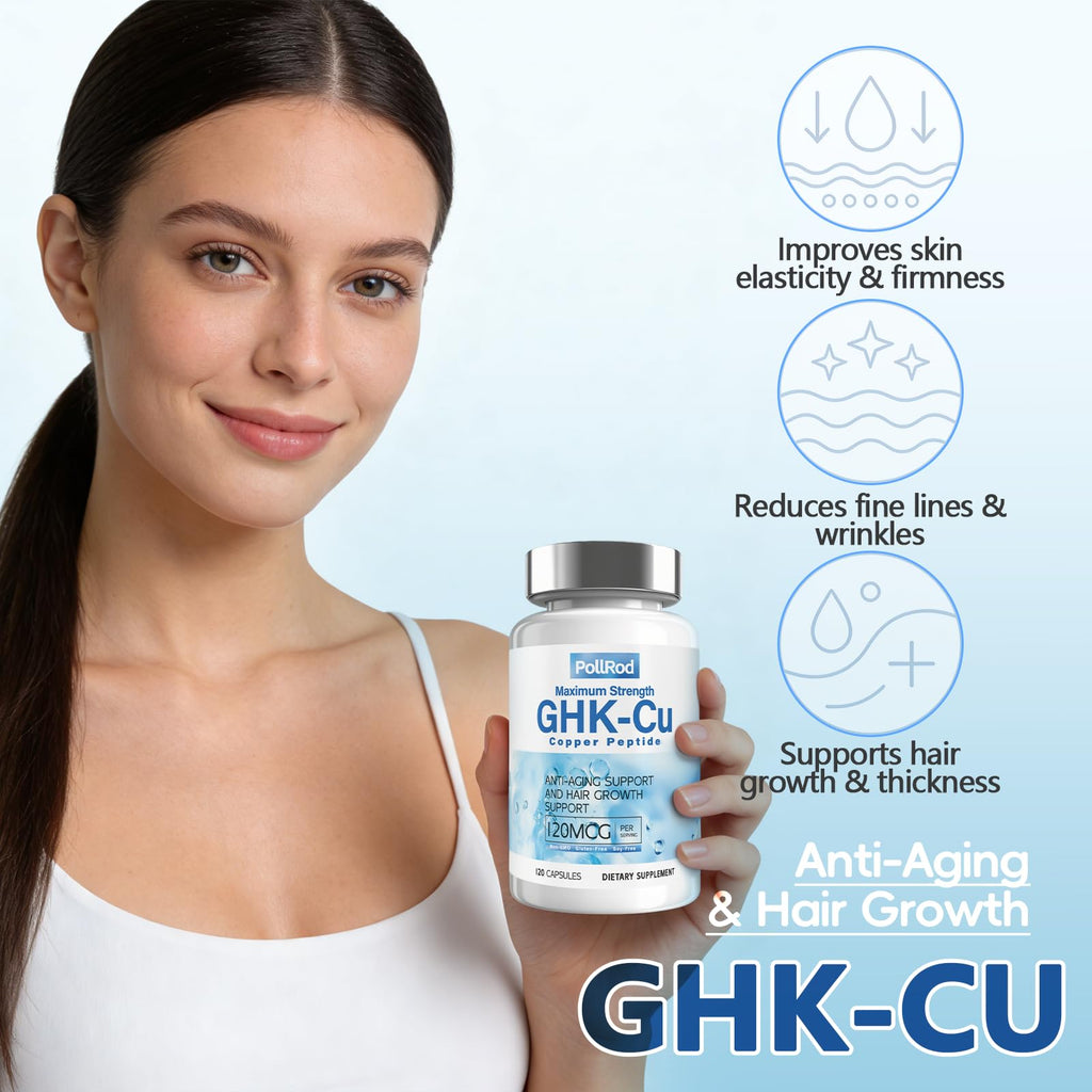 PollRod GHK-Cu Copper Peptide Supplement, 120 Capsules. It Helps Enhance Skin Elasticity, Nourish Hair and Nails. It is a Non-Genetically Modified Product. Each Capsule Contains 120Mcg.