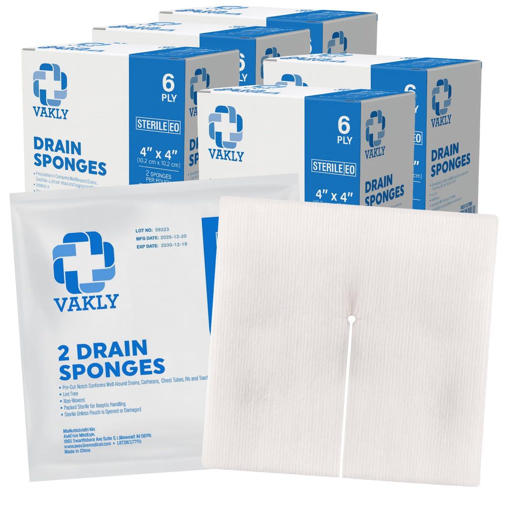 Vakly Sterile Split Gauze 4" x 4" 6-Ply (Pack of 250) – Absorbent Non-Woven Drain Sponges with Precut Slit for IV & Tracheostomy Care