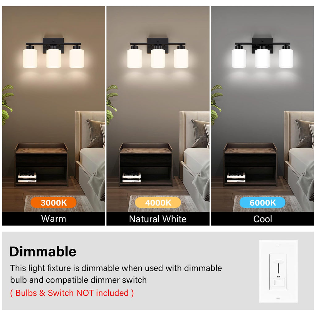 FonmYim Black Bathroom Light Fixtures, 3-Light Modern Vanity Light Over Mirror, Wall Sconces with Milky White Frosted Glass Shades, E26 Socket (Bulbs Not Included)