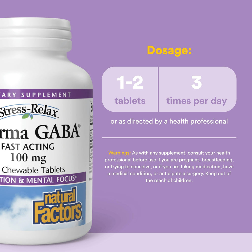 Natural Factors Pharma GABA - Dietary Supplement Supports Calm Sleep & Sleep Quality - Natural, Fast-Working Supplement Aids Focus & Brain Health - 60 Chewable Tablets (30 Servings)