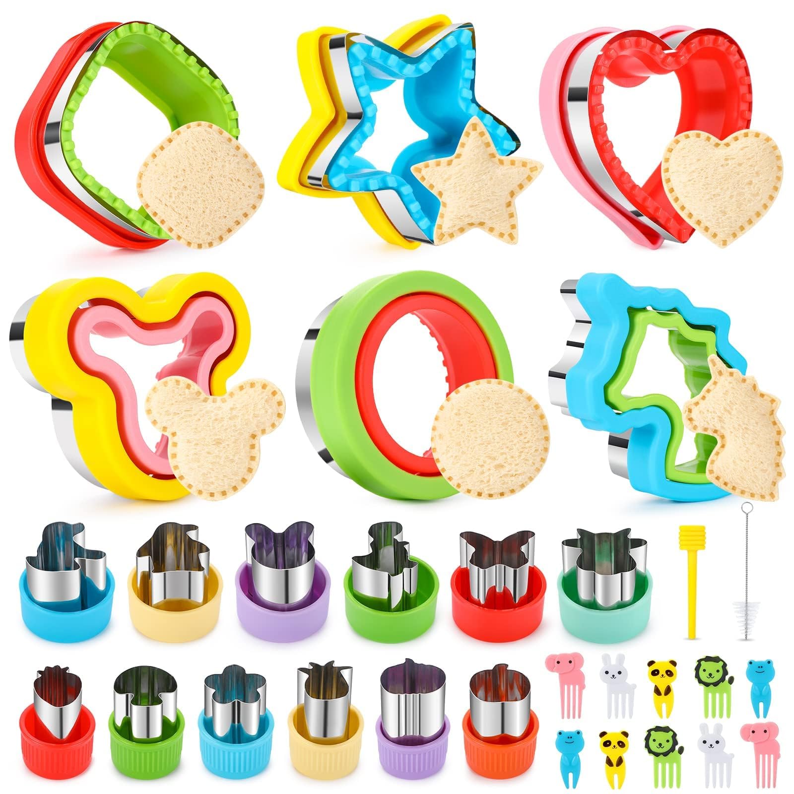 30Pcs Sandwich Cutter and Sealer for Kids Fruit Cutters Shapes Food Picks Crustless Sandwich Shape Cutters Decruster Sandwich Maker DIY Cookie Cutter Boys Girls School Bento Box