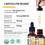 (2 Pack) Organic Vitamin D3 K2 Drops with MCT Oil Omega 3, 5000 IU - Maximum Strength Vitamin D Liquid, No Fillers, Non-GMO Liquid D3 for Faster Absorption and Immune Support (Vanilla, 1 Fl OZ x 2)