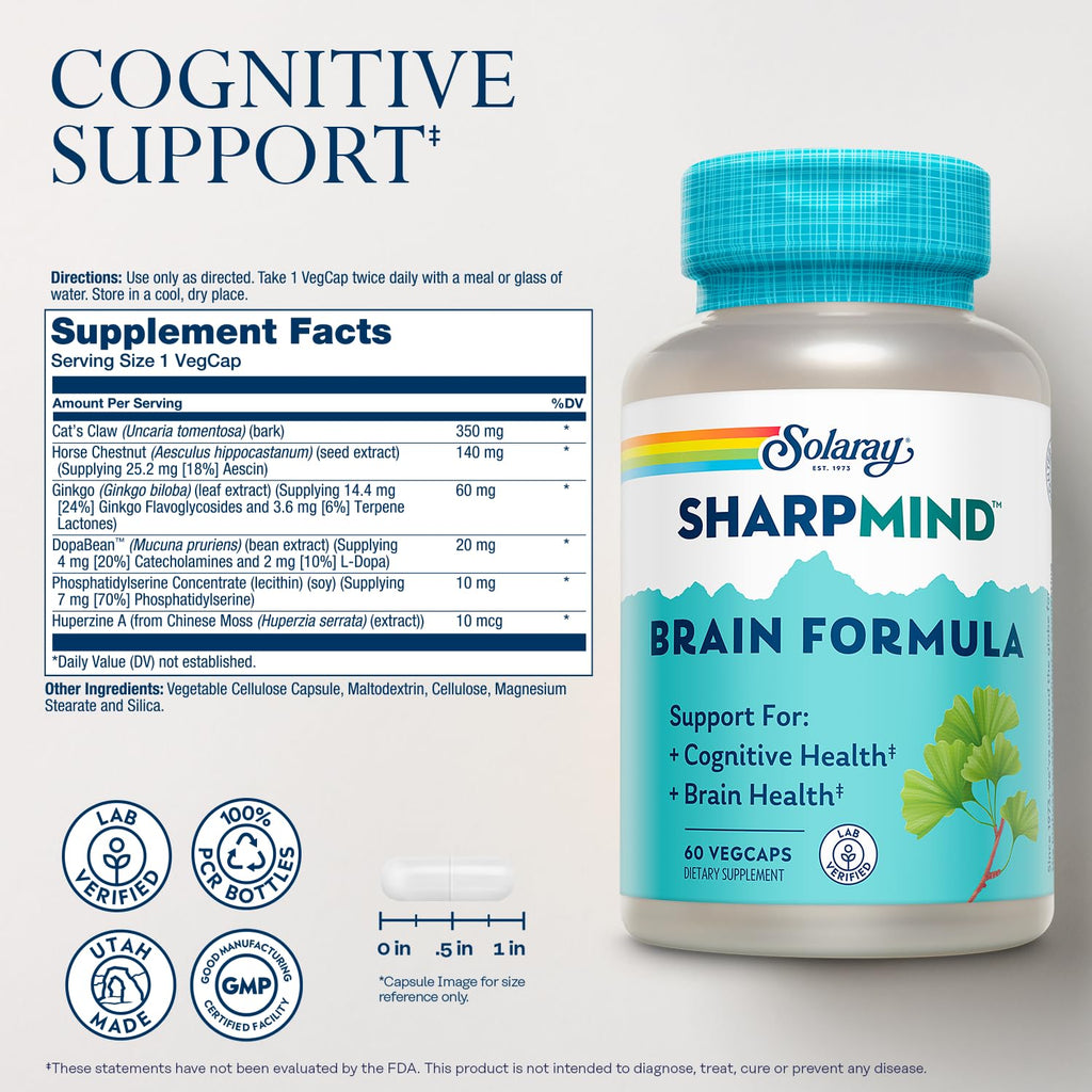SOLARAY SharpMind Brain Support Formula - Nootropic Brain Supplements - Cognitive and Brain Health Support with Ginkgo Biloba - 60-Day Guarantee, 60 Servings, 60 VegCaps
