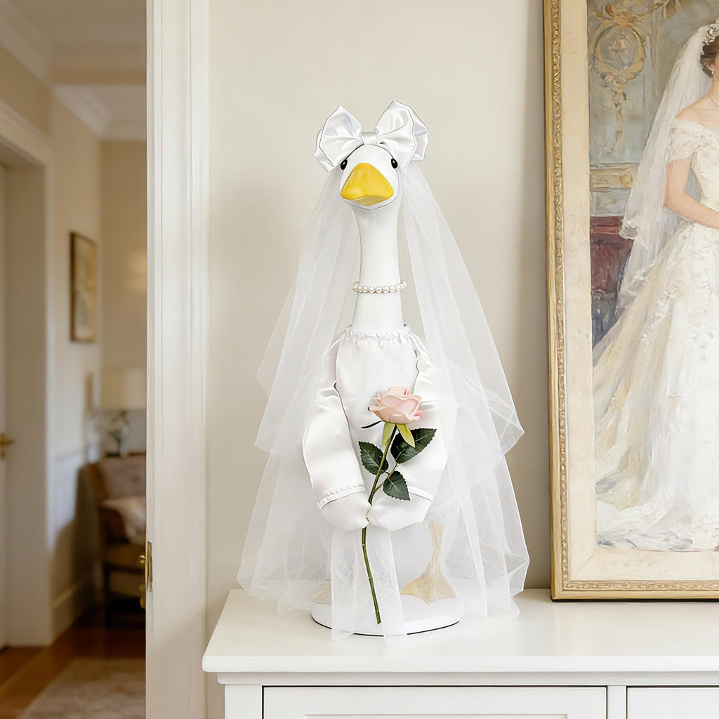Bride Porch Goose Outfit, 3 Pcs Wedding Goose Clothes with Bow Headband, Pearl Necklace & Rose Dress, Cute Bridal Goose Costume Fits 23 Inch Lawn Statue for Yard Patio Garden Wedding Decor