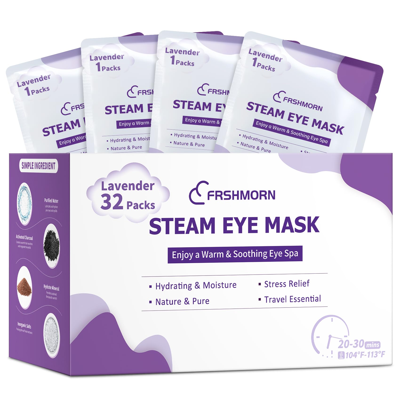 FRSHMORN 32Packs Steam Eye Mask, Heated Eye Mask for Sleeping, Warm Compress for Eyes, Self Heating Disposal Steam Mask for Home Sleep, Office, Spa, Travel Essentials Valentine's Day Gifts (Lavender)
