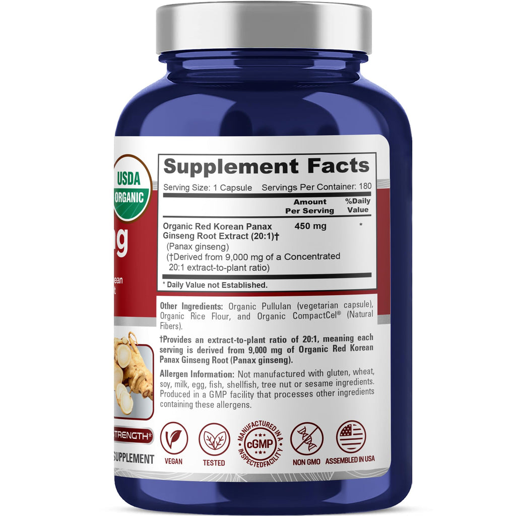 NusaPure Red Korean Panax Ginseng Capsules, 450 mg, 180 Veg Capsules (Non-GMO, USDA, Vegan)
