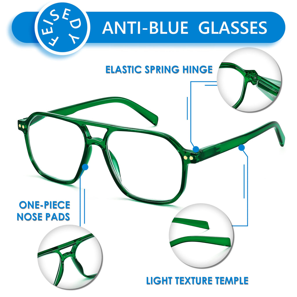 FEISEDY Retro Aviator Reading Glasses Square Readers with Spring Hinge Blue Light Reading Glass for Women Men B0068 Green 1.5x