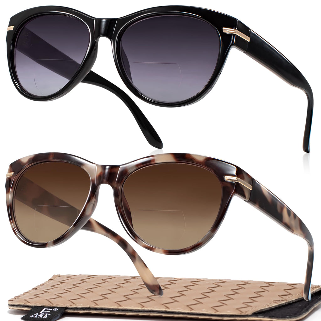 EASY READ 2 Pack Bifocal Reading Sunglasses for Women,Trendy Sunglasses Readers UV400 Protection(Magnification 2.50,Black/Demi)