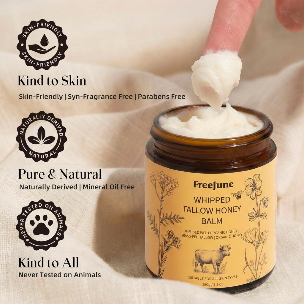 FreeJune Beef Tallow for Skin, Tallow and Honey Balm for Face 5.3 OZ Organic Whipped Moisturizer with Grass Fed - Face & Body Cream for for Nourishing Dry Skin Care, All Natural Hydration (Honey)