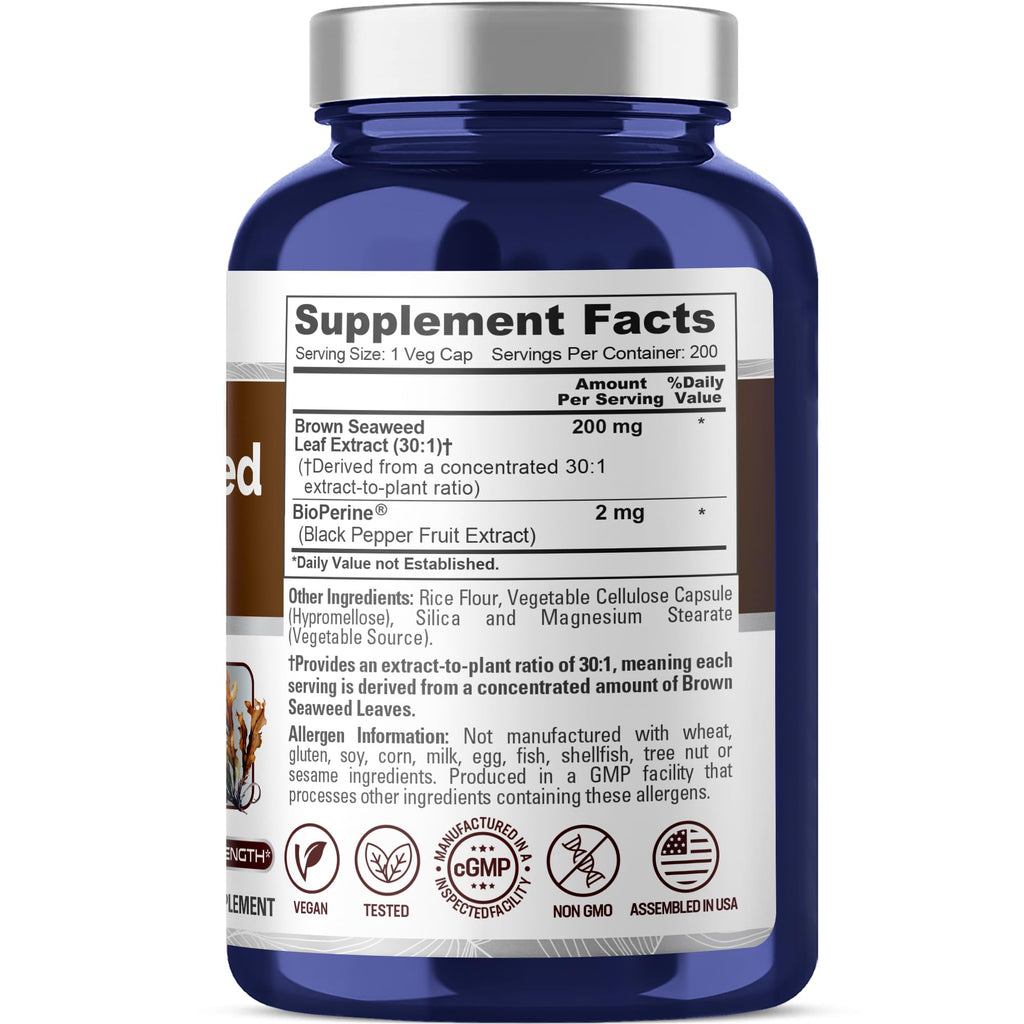 NusaPure Brown Seaweed Capsules, 200 mg, 200 Veg Capsules (Non-GMO, Vegan)