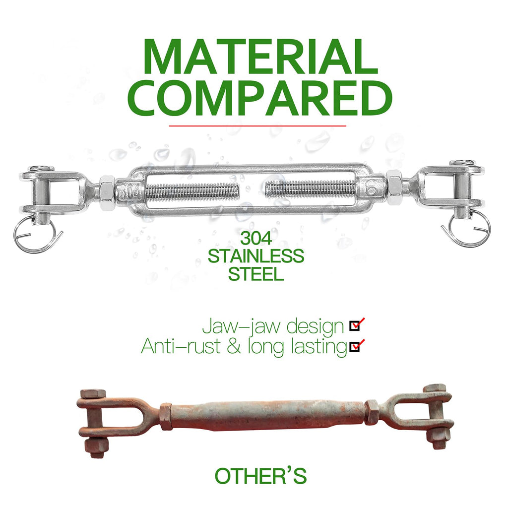 Jamiikury 3PCS M6 Jaw Jaw Turnbuckle Stainless Steel Jaw and Jaw Turnbuckle, Jaw Jaw Closed Body Marine Turnbuckle, Durable for Wire Rope Cable (M6, Jaw & Jaw)