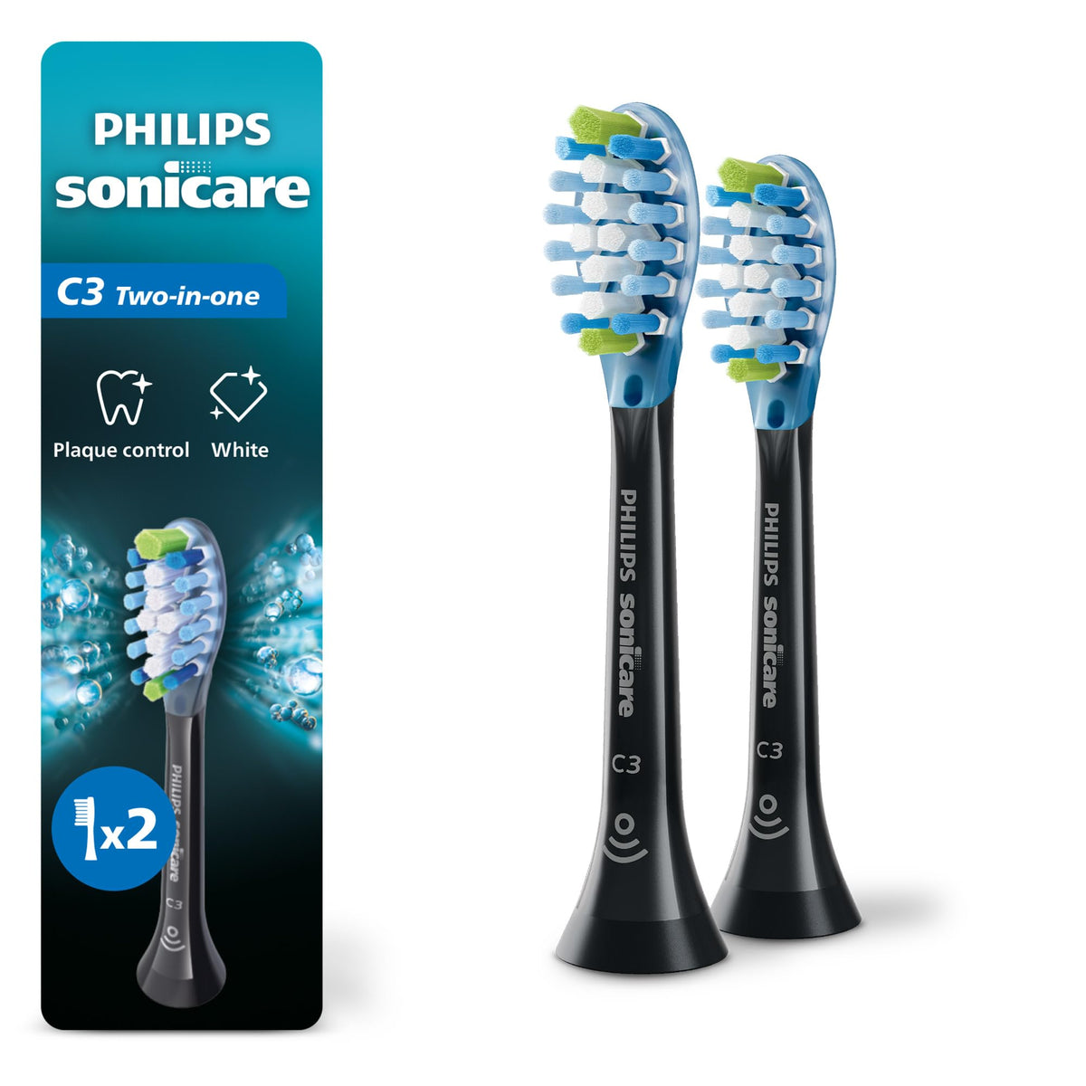 Philips Sonicare C3 Two-in-One - Genuine Replacement Electric Toothbrush Heads, Black, 2 Pack, HX9042/95