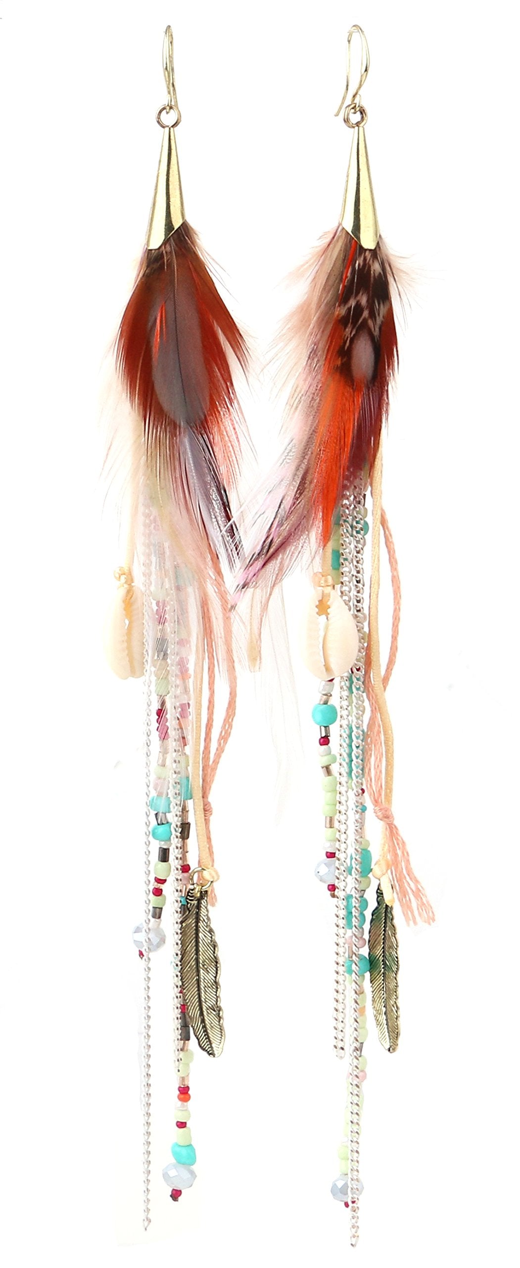 Bohemian Feather Dangle Earrings for Women with Shell Beads Long Tassel Design Drop Earrings (Style-Boho)