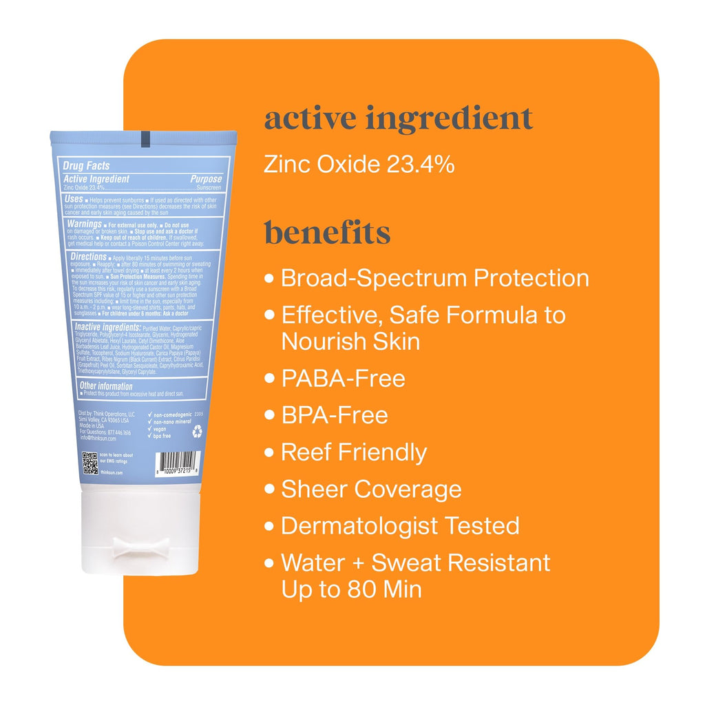 Thinksport SPF 50+ Sunscreen for Face with Clear Zinc Oxide, 2 Fl Oz – Safe, Natural, Water Resistant Face Sunscreen UVA/UVB Sun Protection – Vegan, Reef Safe Sunscreen