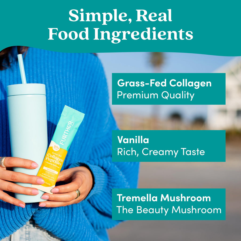 Further Food Vanilla Collagen Peptides Powder with Tremella Mushroom – 100% Grass-Fed, Hydrolyzed Type 1 & 3, 20g of Collagen per Serving, Supports Skin, Hair, Nails & Joints, Stick Packs, 8.89 Oz