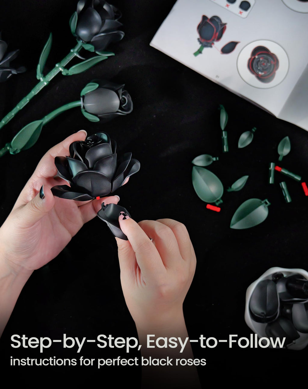 iATOM Black Rose Bouquet Building Set, Compatible with Lego Flowers for Adults - Halloween Artificial Flowers Kit, Gothic Horror Retro Botanical Collection Home Decor - IA11001