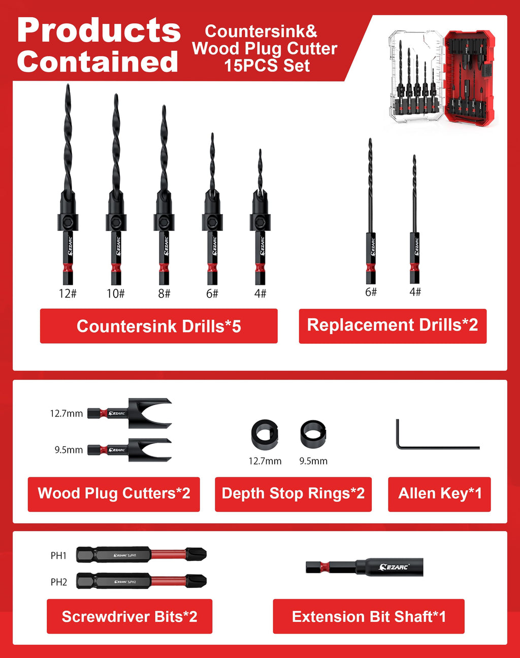EZARC Countersink Drill Bit Set, 15 PCS Tapered Drill Bits Counter Sink Drill Bit with 2PCS Wood Plug Cutter 1/4" Hex Shank Quick Change for Woodworking with Storage Box