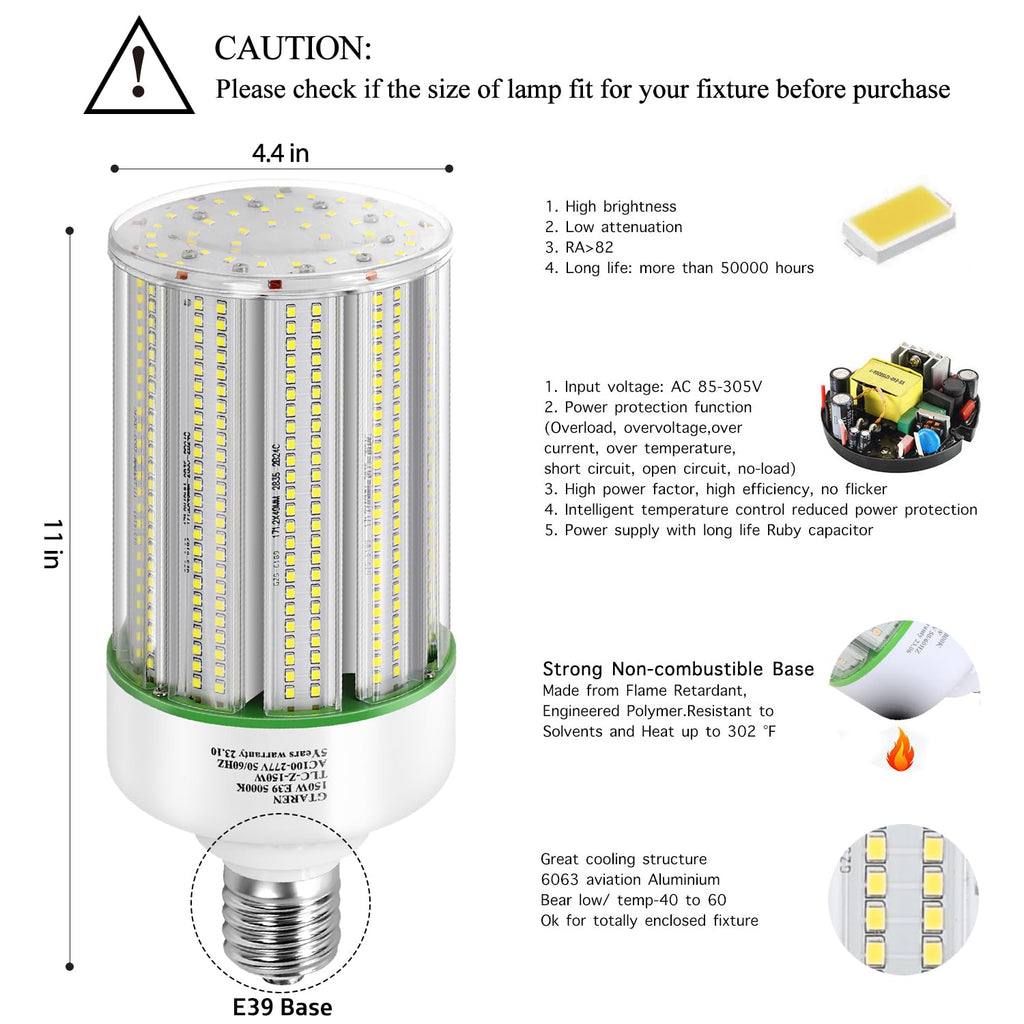 GTAREN 150W LED Corn Cob Light Bulb 2Pack,Equivalent 600W Metal Halide HPS HID CFL,5000K Daylight,E39 Mogul Base LED Retrofit Bulb,for Commercial Industrial Lighting Gyms Workshop Bay Light Fixture