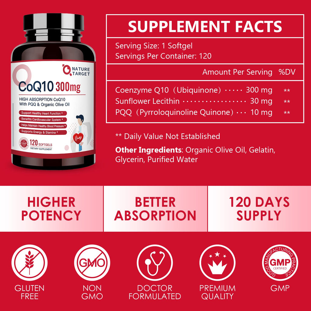 NATURE TARGET CoQ10-300mg-Softgels + PQQ with Organic-Olive-Oil - High Absorption-Coenzyme-Q10 - Antioxidant-for-Heart-Health and Immune Support, Energy Production, 120 Servings