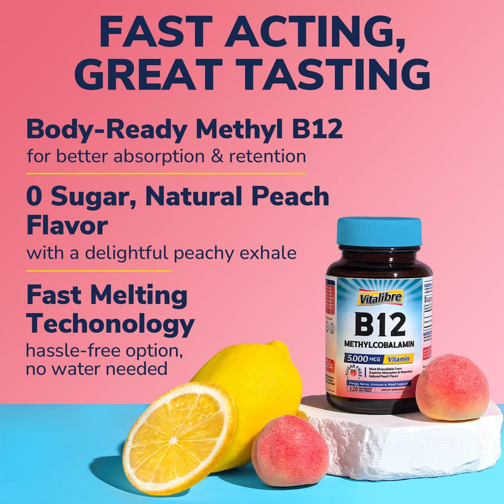 Vitalibre Vitamin B12 Sublingual 5000 mcg, Methylcobalamin, Bioactive Form, High Absorption, Vegan, Natural Peach Flavor, 120 Fast Dissolve Mini Tablets, No Sugar