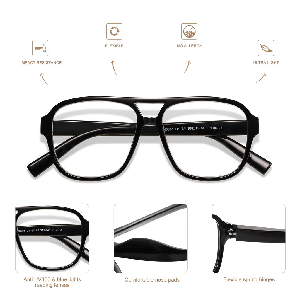AMOMOMA 3 Pack Oversized Aviator Spring Hinge Reading Glasses for Women Men,Retro Blue Light Computer Reader Frame AM6081 C1+C2+C3 1.5X