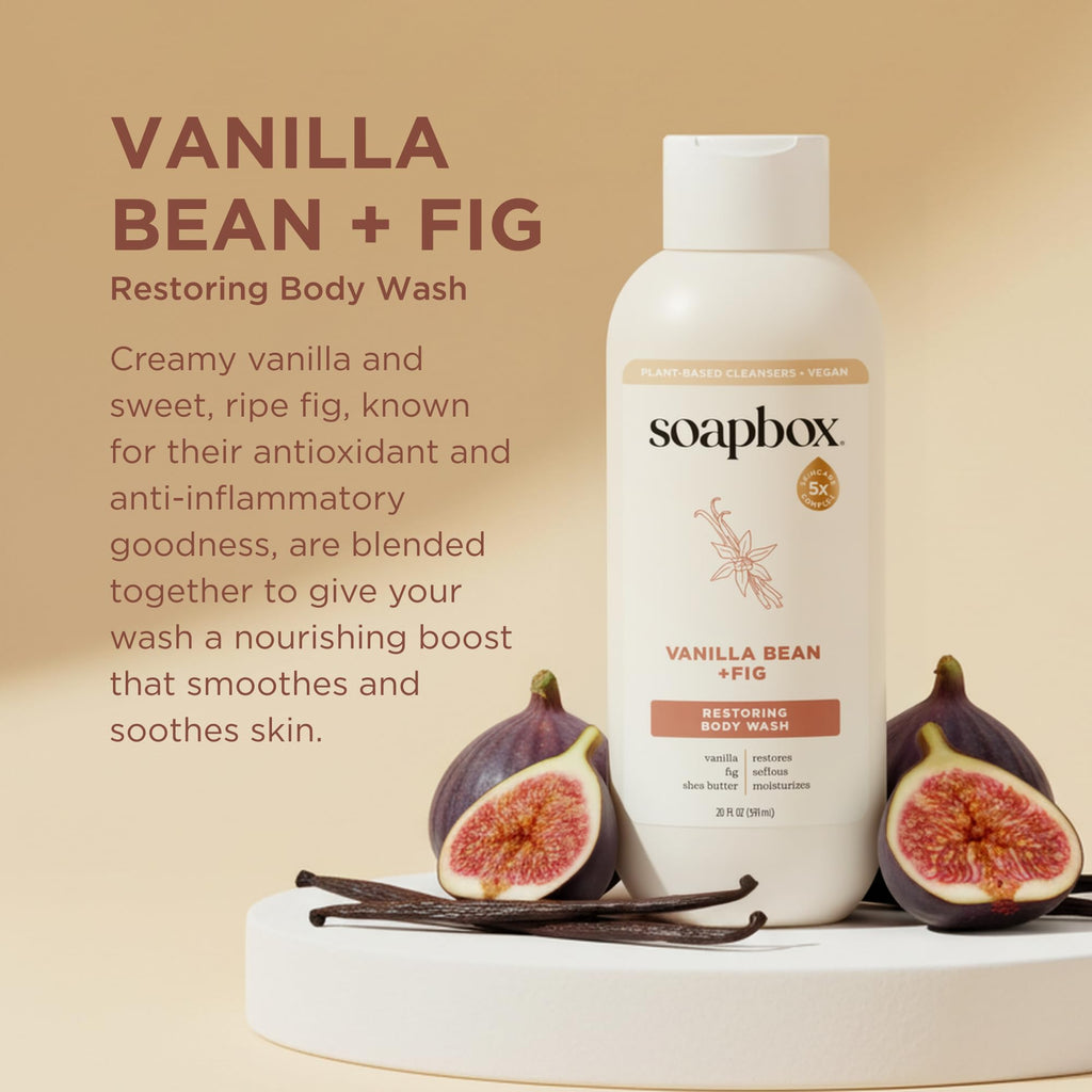 Soapbox Body Wash, Vanilla Bean & Fig Liquid Body Wash, Moisturizing Soap with Shea Butter, Vegan Duo Pack of 2 Soap Bottles, 20oz Each