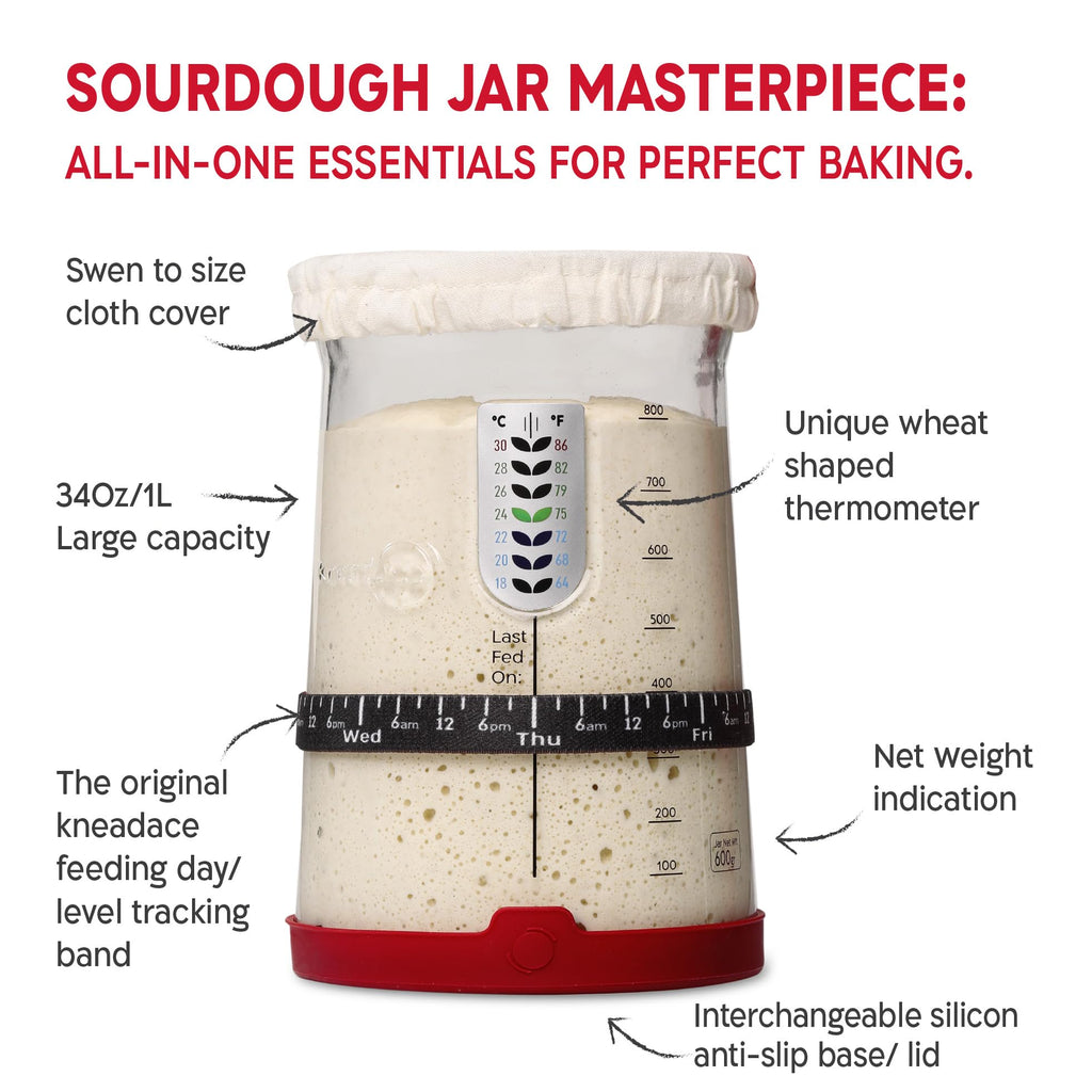 KneadAce Sourdough Starter Kit (PRO 34oz Jar, 2xOval baskets, Red Bread Lame)