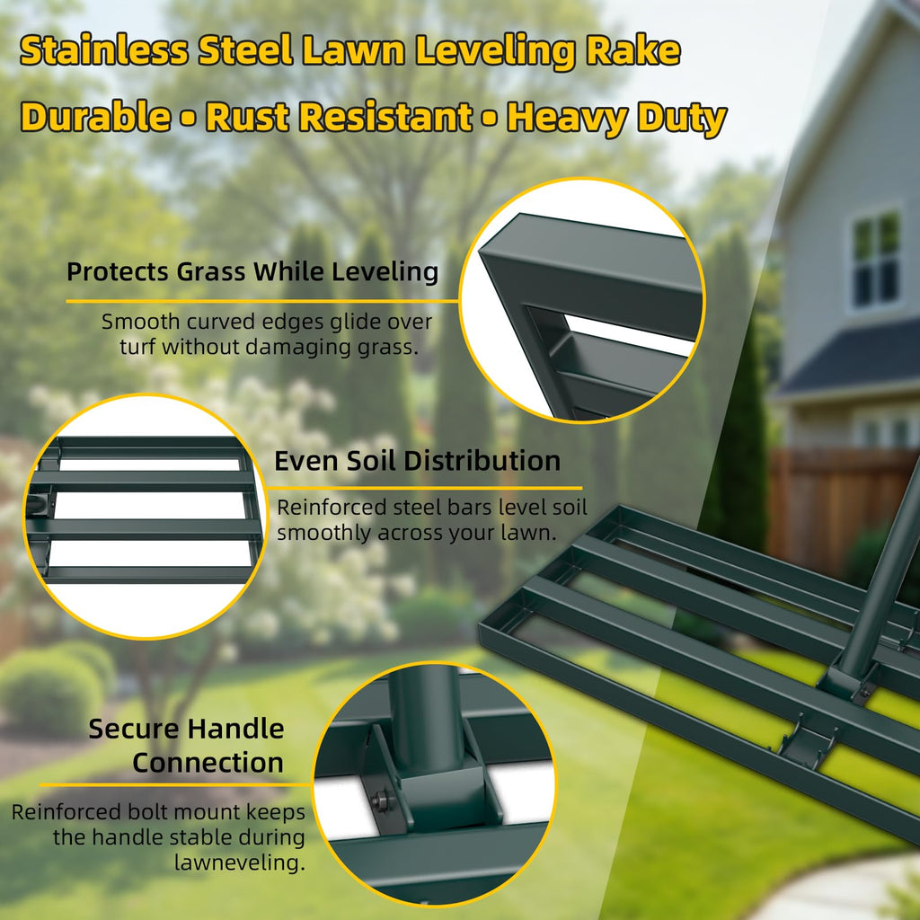 Stainless Steel Lawn Leveling Rake with 70" Adjustable Long Handle – 30"×10" Lawn Leveler for Yard & Garden Soil Leveling, Heavy Duty Top Dressing Rake for Lawn Repair, Landscaping & Grass Care