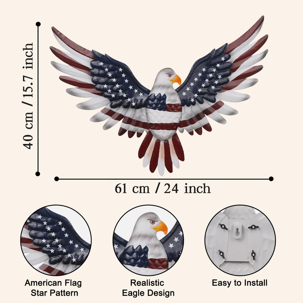 24" Large American Flag Bald Eagle Metal Wall Art, Patriotic Wall Decor