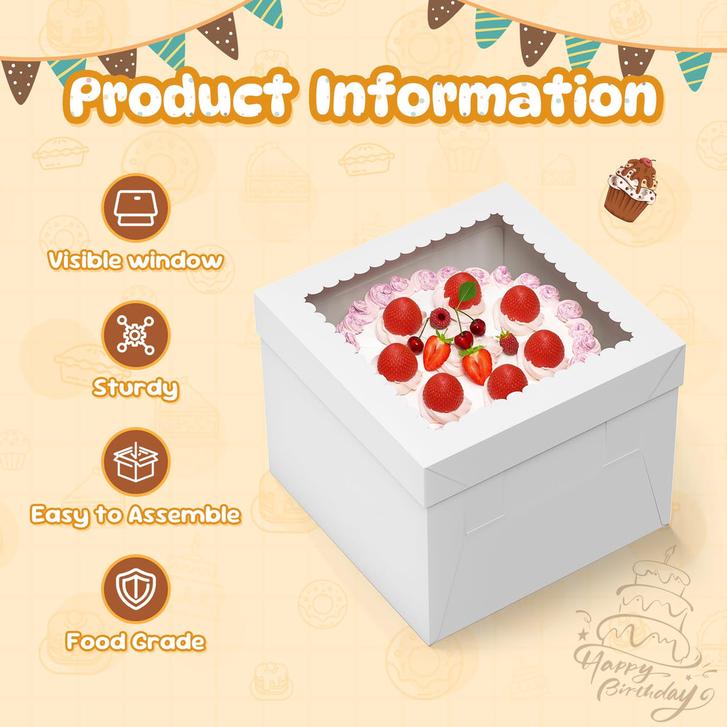 RYDDOY 3 Pack Cake Boxes with Board, 10x10x8 In Tall Cake Box with Window