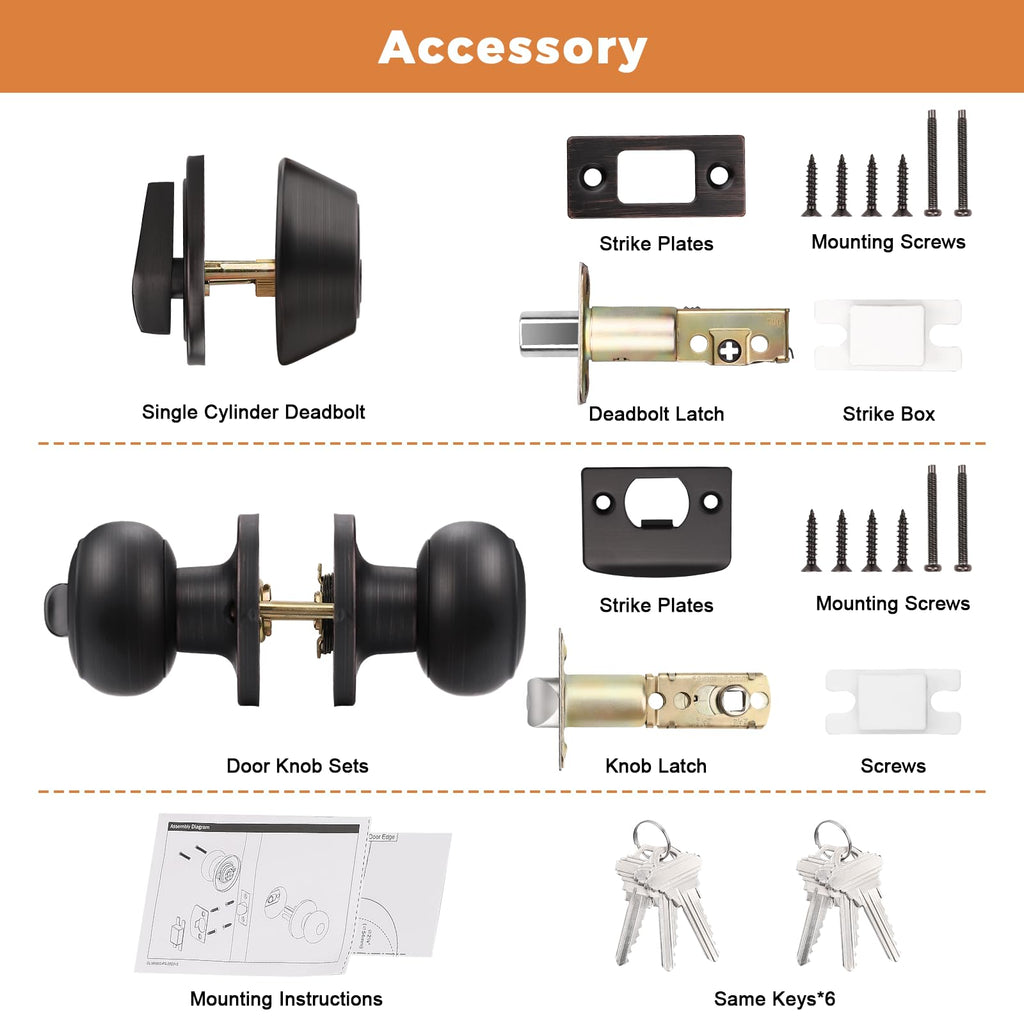 Probrico Entry Door Knob Keyed Alike with Single Cylinder Deadbolt Combination, Oil-Rubbed Bronze, 5 Pack