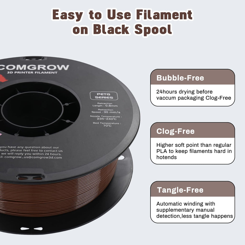 Comgrow PETG 3D Printer Filament 1.75mm, High Precision and Tough 3D Printer Filament 1kg (2.2LBS), Dimensional Accuracy +/- 0.02 mm, Fit Most 3D Printers Coffee