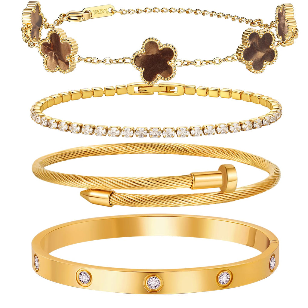 MVCOLEDY 18 K Gold Plated Love Bracelet Stack for Women 4-Piece Bracelet with Synthetic Shell Floral Clover Chain, Tennis Chain and Crystal Gold Bangle, Love Bracelet Design Gift Jewelry for Valentines Mother's Day (Brown)