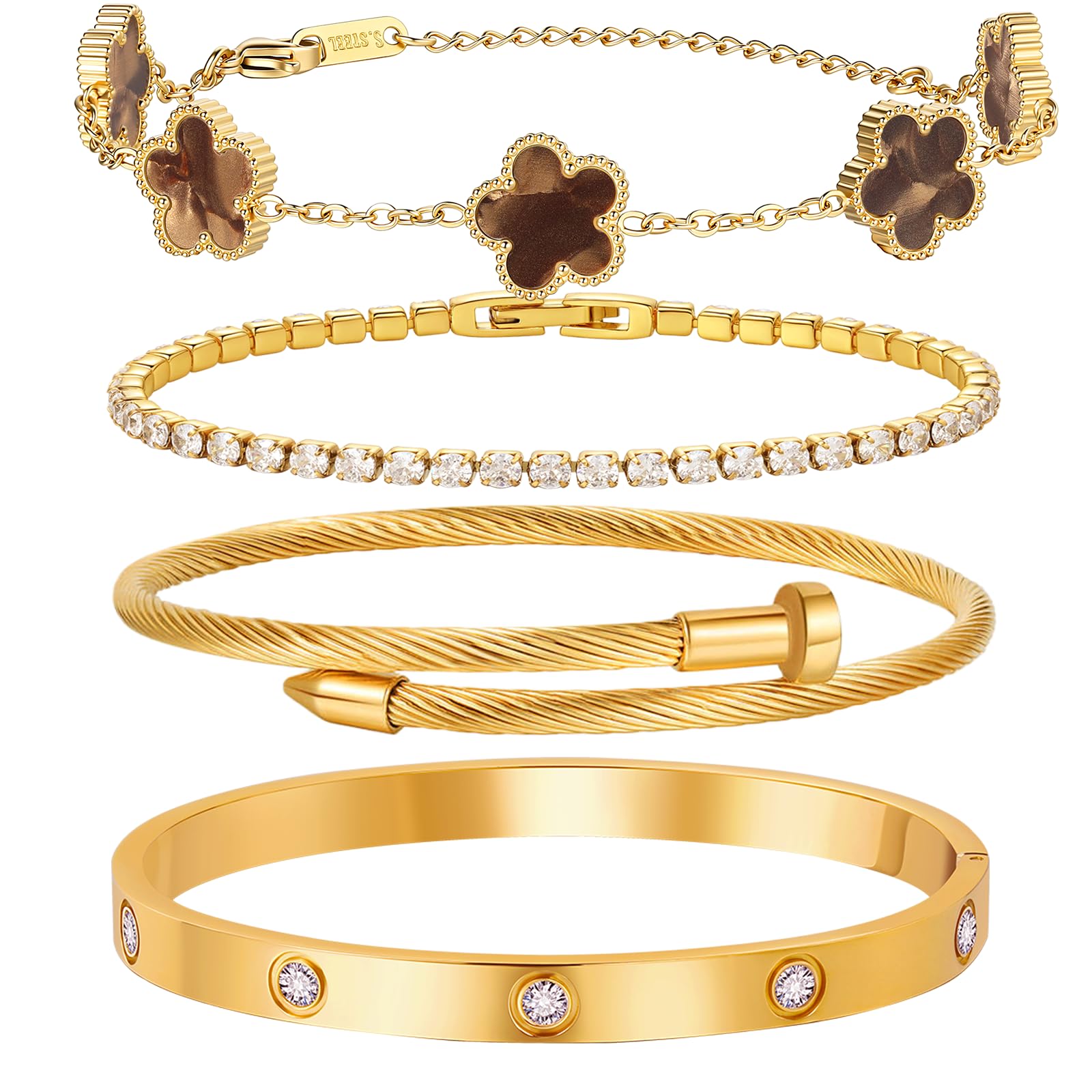 MVCOLEDY 18 K Gold Plated Love Bracelet Stack for Women 4-Piece Bracelet with Synthetic Shell Floral Clover Chain, Tennis Chain and Crystal Gold Bangle, Love Bracelet Design Gift Jewelry for Valentines Mother's Day (Brown)