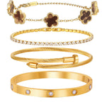 MVCOLEDY 18 K Gold Plated Love Bracelet Stack for Women 4-Piece Bracelet with Synthetic Shell Floral Clover Chain, Tennis Chain and Crystal Gold Bangle, Love Bracelet Design Gift Jewelry for Valentines Mother's Day (Brown)
