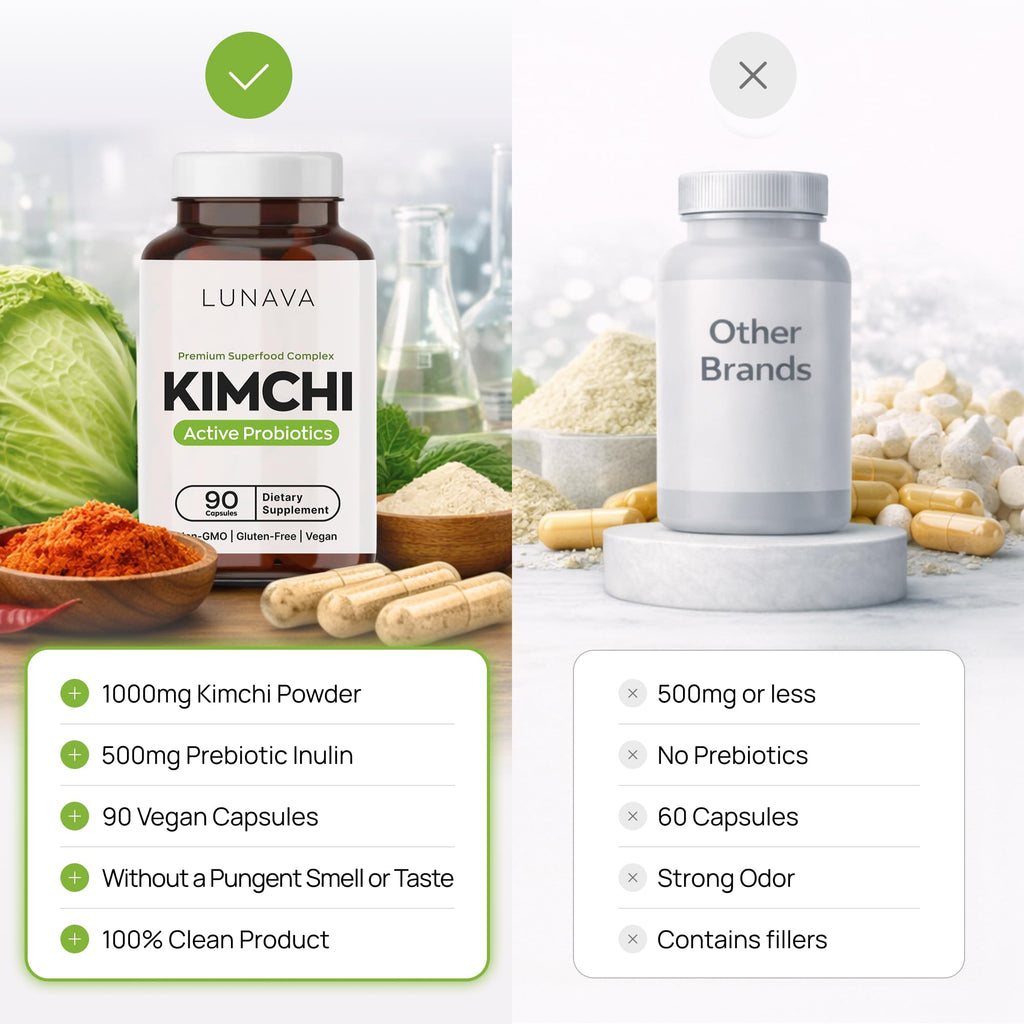 LUNAVA Kimchi Capsules with Prebiotics & Probiotics, Fermented Kimchi Superfood Supplement, Gut Health Supplements, One Complete Formula for Digestive and Immune Support, 90 Vegan Capsules