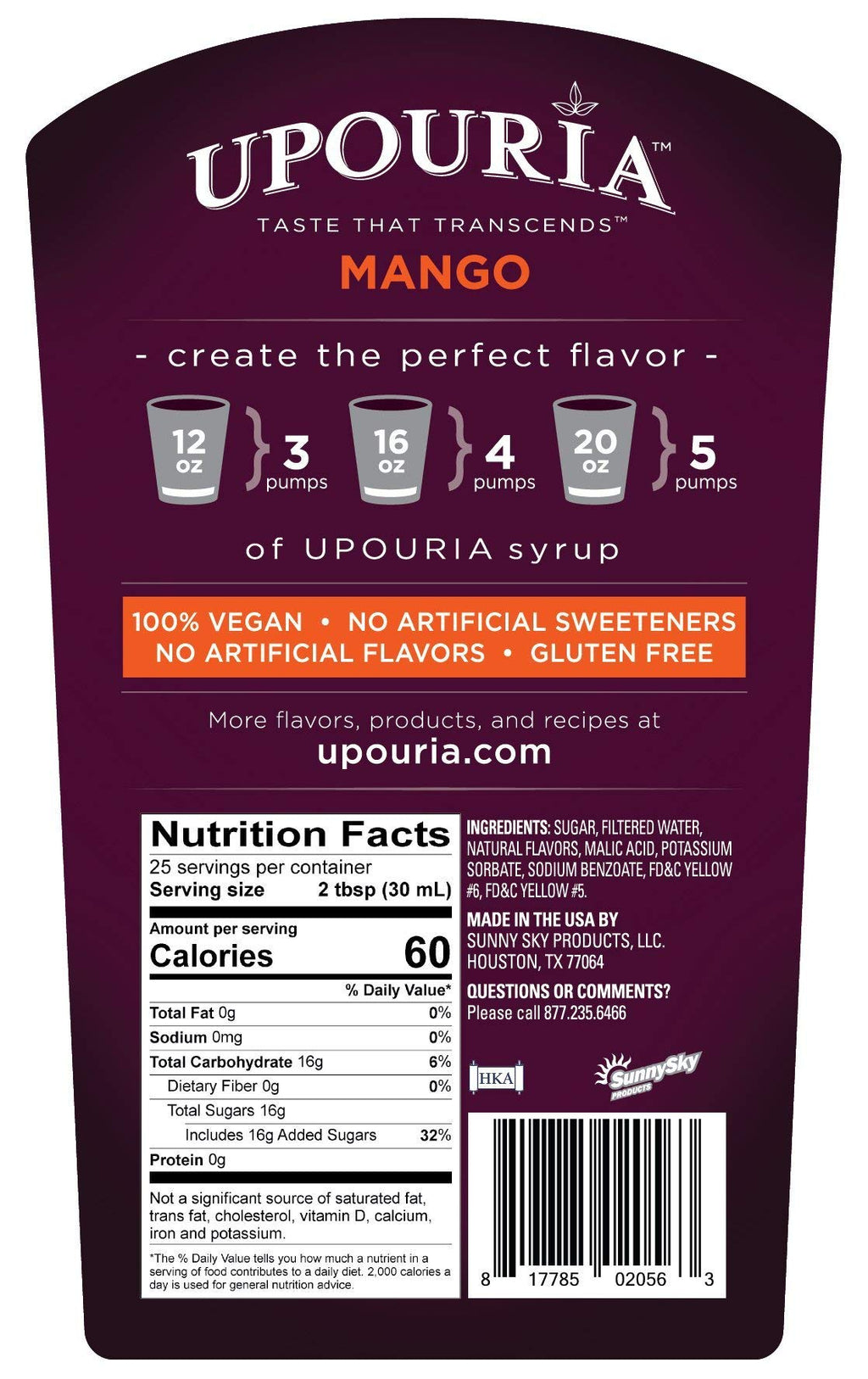 Upouria Coffee & Tea Syrup Variety Pack, Raspberry, Mango, and Peach Flavoring, 100% Vegan, Gluten-Free, Kosher, 750 mL Bottles with 3 - Coffee Syrup Pumps