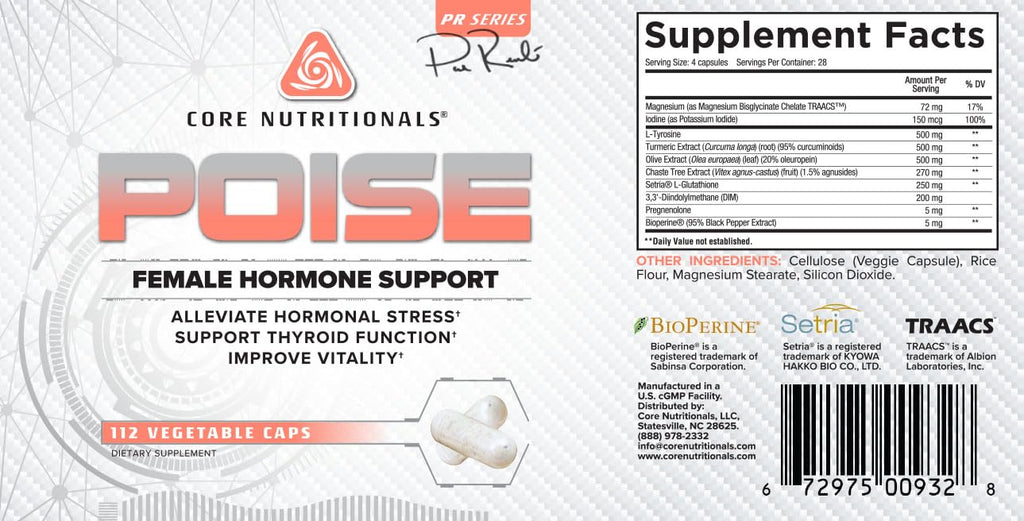 Core Nutritionals Poise Female Hormone Support | Thyroid Hormone Balance & Menstrual Support | with Magnesium & Iodine | Antioxidant Rich | 112 Vegetable Capsules