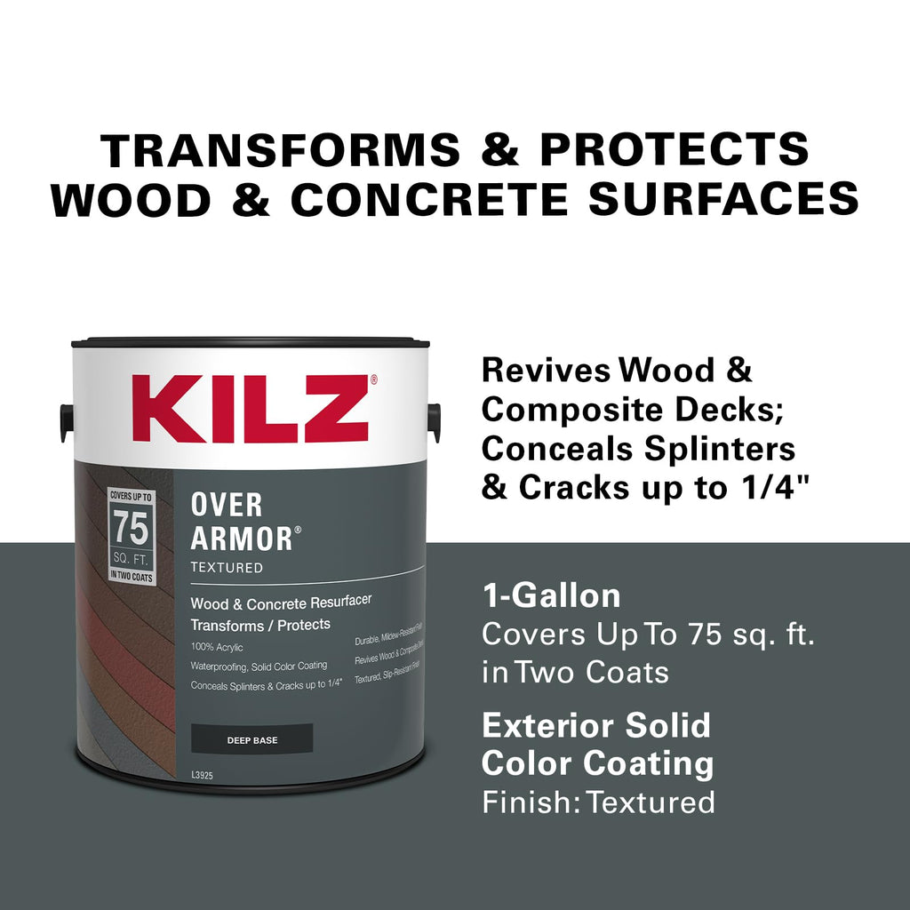 KILZ Over Armor Textured Solid Coating Resurfacer for Wood, Composite and Concrete Surfaces, Slate Gray, 1 Gallon