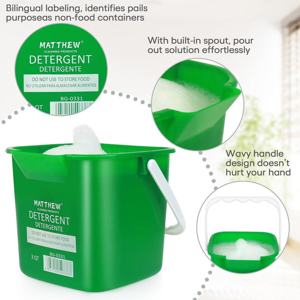 Matthew Red&Green&Blue Detergent and Sanitizing Cleaning Bucket 6 Quart Cleaning Pail,Set of 3 Square Containers,Built-In Spout w/Handle,Wash Rinse Sanitize Handwash Bucket,Incl.3Pcs Microfiber Cloths