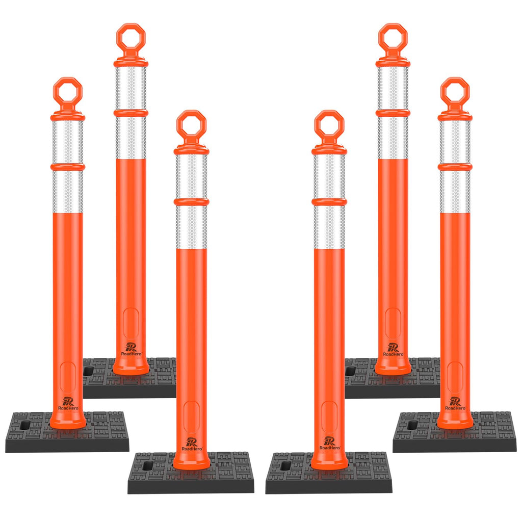 RoadHero 42 Inch Delineator Post with Base, Portable Orange Traffic Delineator Posts Cones with Reflective Collars for Parking Lots, Road Safety, Construction Events (6 Pack)