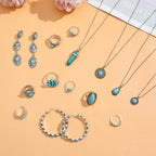 NEWITIN 20 Pieces Silver Bohemian Jewelry Set for Women Fashion Costume Jewels Turquoise Necklace Bracelet Ring Earrings Western Turquoise Jewelry Set for Women