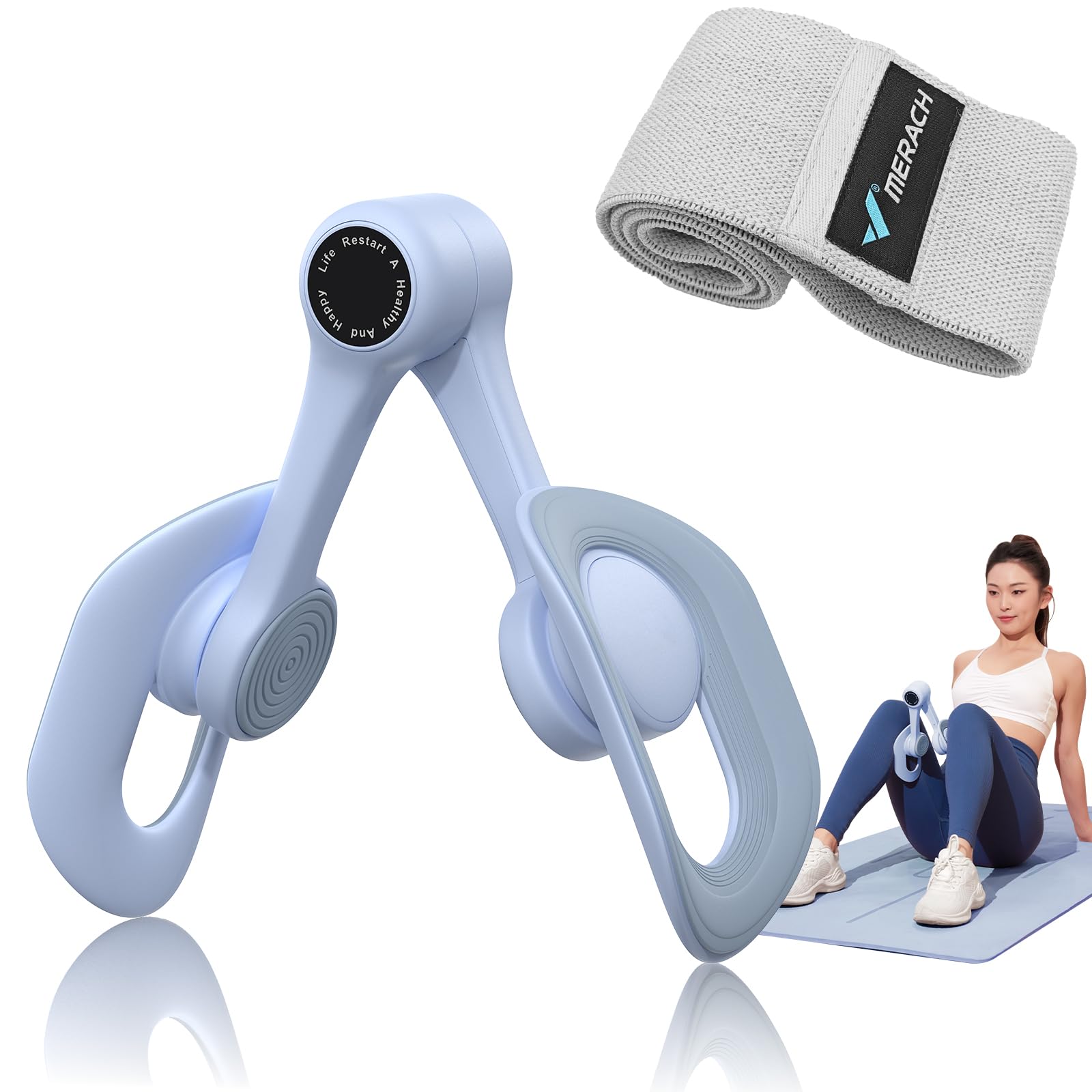MERACH Thigh Trainer, Pelvic Floor Muscle Trainer, Inner Thigh Exercise Workout Equipment for Home Gym, Pelvic Floor Strengthening Women (Blue with Band)