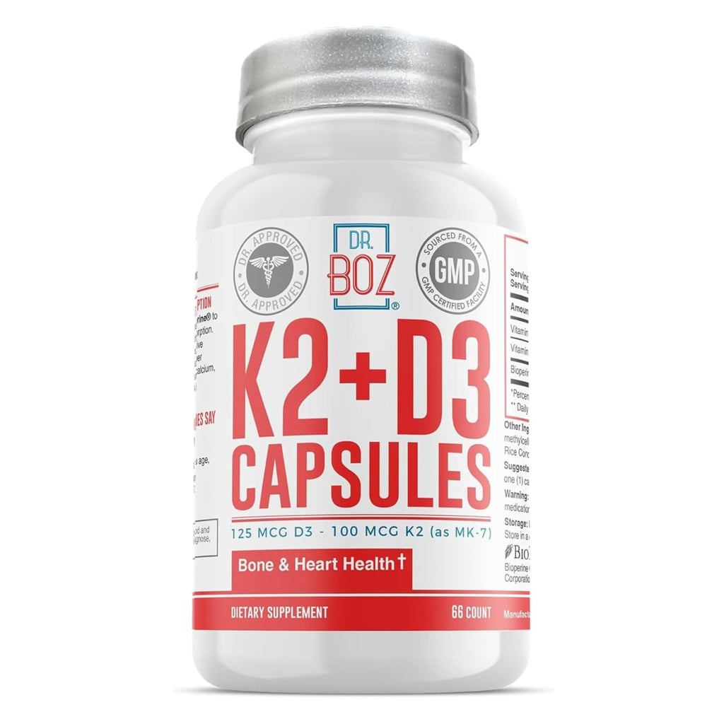 Dr. Boz - K2+D3 Capsules, 66 Servings - Vitamin D3 K2 Supplement with BioPerine - Bone & Heart Health - Enhanced Absorption - Quality Tested - Made in The USA - 5000iu (D3) - 400iu (K2) - Self Care