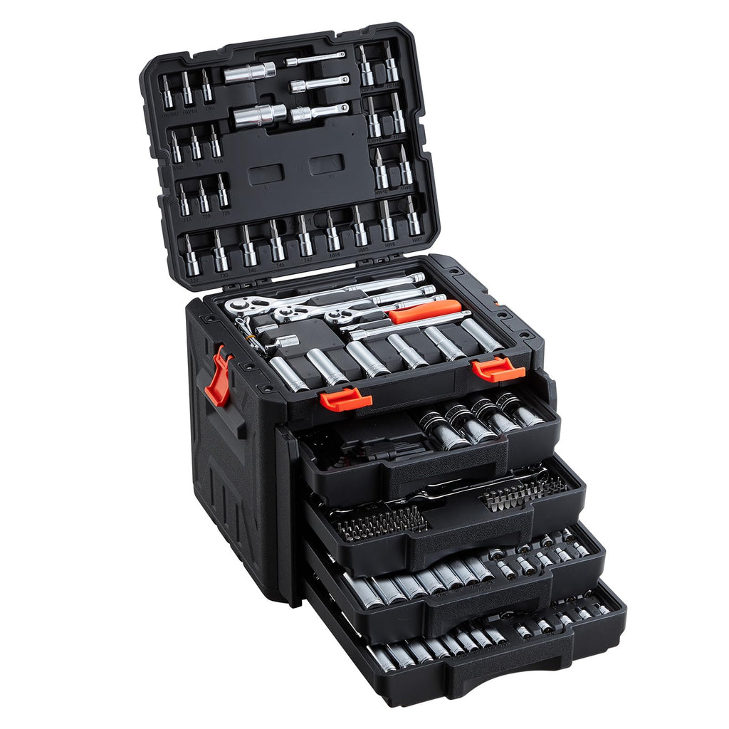 VEVOR Mechanics Tool Set, 297-Piece Mechanic Tool Kit, 1/4 in, 3/8 in, and 1/2 in Drive, SAE and Metric Socket Set, Wrenches, Screwdriver Bits, Accessories, and Storage Case, for Automotive Repair