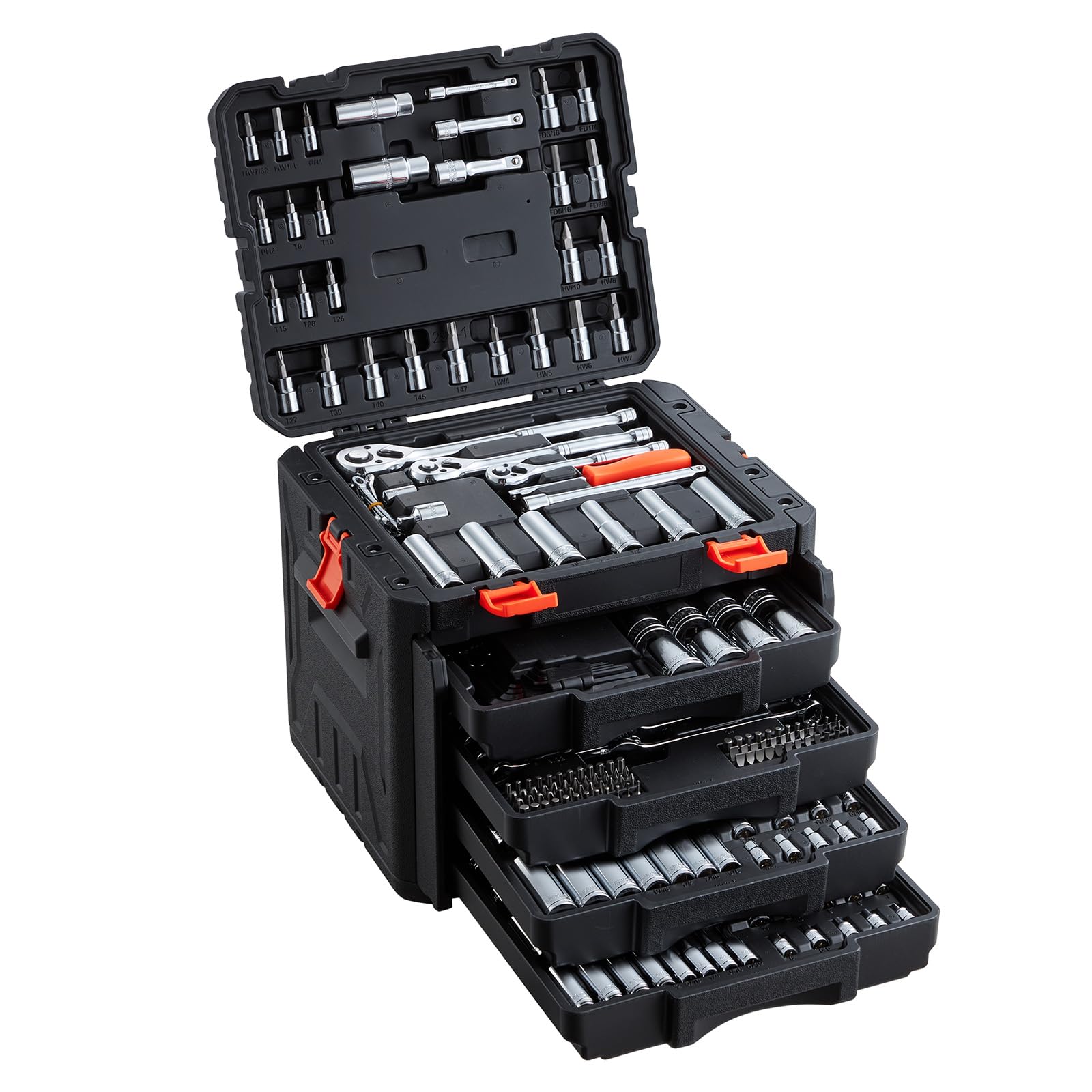 VEVOR Mechanics Tool Set, 297-Piece Mechanic Tool Kit, 1/4 in, 3/8 in, and 1/2 in Drive, SAE and Metric Socket Set, Wrenches, Screwdriver Bits, Accessories, and Storage Case, for Automotive Repair