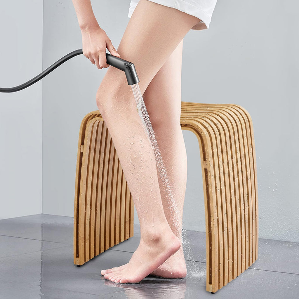 Bamboo Shower Bench, Non-Slip Shower Stool & 286 lbs, Waterproof Bathroom Stool Spa Bath Seat, Natural Bamboo Stool, Suitable for Multiple Settings: Bathroom, Bedroom, Dining room and Living room